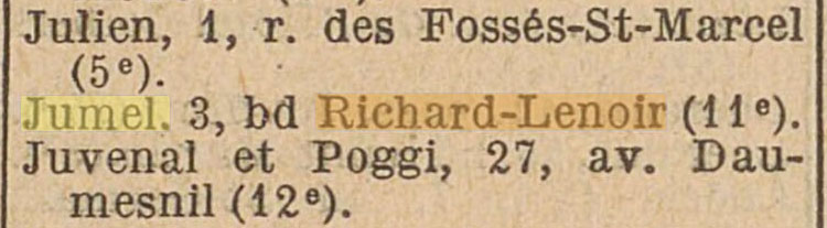 Le Restaurant Jumel - 3, Boulevard Richard-Lenoir, est pr�sent dans Paris-Adresses : annuaire g�n�ral de l'Industrie et du Commerce du 1er janvier 1931